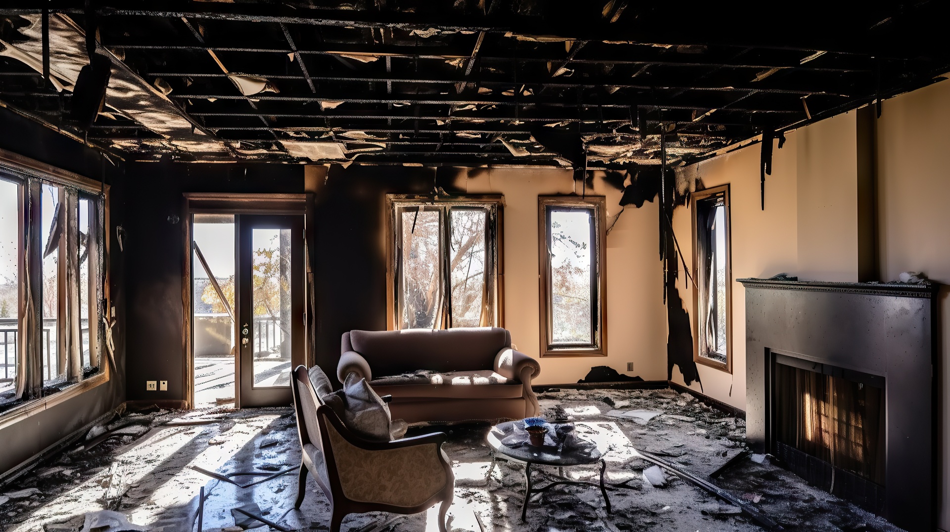 Interior of an old abandoned building with sofas and fireplace